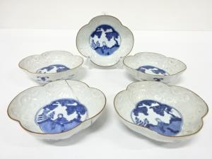古伊万里　陽刻　染付　変形向付　5客